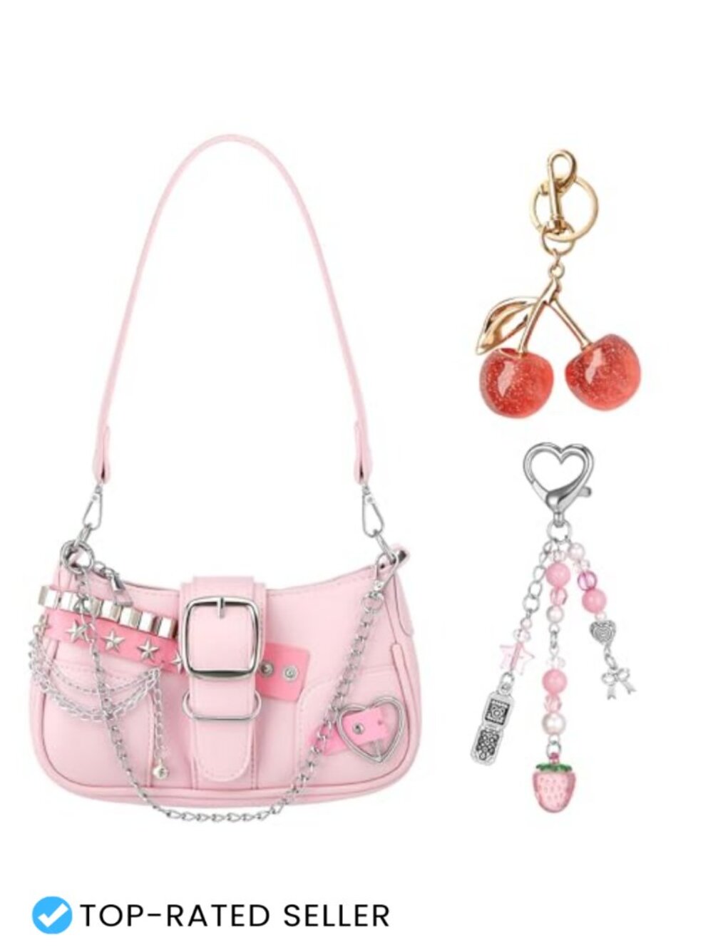 Y2K Punk Shoulder Bag Satchel with Cherry Keychain & Chain Strap